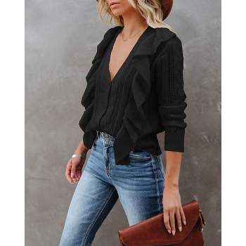 Womens V Neck Button Down Sweaters Tops Casual Long Sleeve Ruffle Knit Cardigan