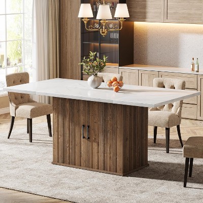 Tribesigns 63" Dining Table for 4-6, Modern Rectangular Kitchen Table with Storage Cabinet, Faux Marble Tabletop, for Living Room, White & Brown