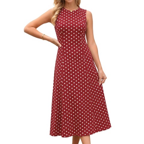 Женские платья INSPIRE CHIC Women's Polka Dots Summer Sleeveless Vintage Crew Neck Elegant A-Line Maxi Dresses Large Dark Red