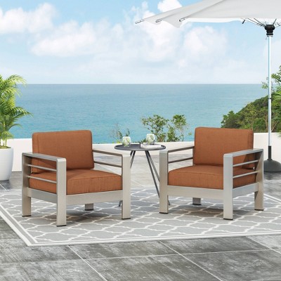 Silver Aluminum Outdoor Club Chair Set with Orange Cushions