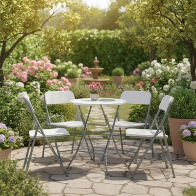 Homy Casa Round Folding Table with White PP Top and Gray Metal Legs, White