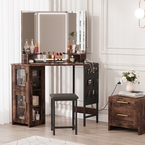 Vanity Desk with Mirror and Adjustable Lights, Makeup Vanity Desk with Shlevs, Built-in Power Outlet & USB, Makeup Table for Bedroom - 1 of 4