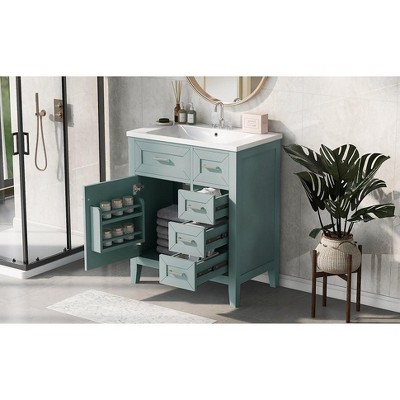 LOVMOR Bathroom Vanity with Ceramic Sink, Doors & Drawers, Modern Bathroom-Storage Cabinet, Solid Wood Frame Set