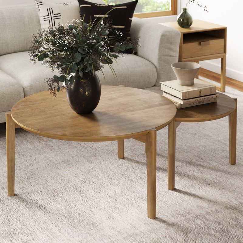 2pc Kendall Wood Round Nesting Coffee Table Set Brushed Light Brown - Nathan James, 1 of 6