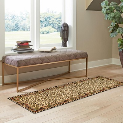Ivory and Black Leopard Print Runner Rug with Botanical Border