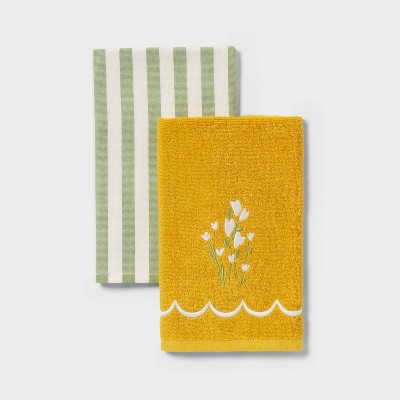 2pk Easter Flower and Stripe Hand Towels White/Green - Threshold™