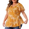 Agnes Orinda Women's Plus Size Ruffle Neck Floral Wrap Tie Waist Blouse - 2 of 4