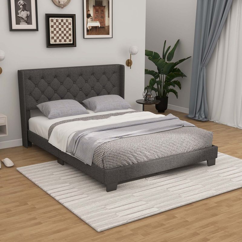 Costway Full/Queen/Twin Size Upholstered Platform Bed Tufted Headboard Mattress Foundation Grey, 2 of 11