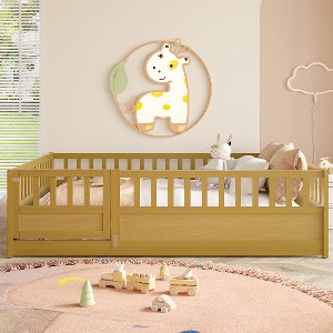 Lyngins French Twin Size Bed Frame, Children's Floor Bed Frame with Super High Security Barrier & Door, Montessori Wooden Toddler Bed, Support Slat - 1 of 4