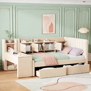 Luxystar Twin Size Upholstered Daybed with 2 Drawers, Shelves, 3 Flip Cabinets and Side Table - 1 of 4