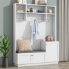 Okak Elegant Hall Tree with 3 Hooks and 3 Top Shelves, Freestanding Coat Rack with Shoe Cabinet and Cushion Bench, Coat Tree for Living Room, White - 2 of 4