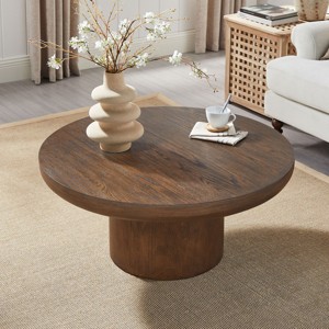 35" Modern Solid Wood Round End Table,Coffee Table With Oak Wood Veneer Tabletop,Small Space Side Table For Living Room Office-Coolbibila - 1 of 4