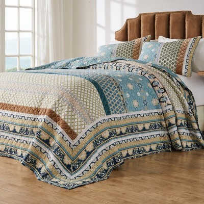 Thalia Blue and Brown Cotton King Reversible Bedspread Set