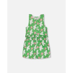 Deux par Deux Girl Printed Romper with Frills Green with White and Pink Bird - 1 of 4