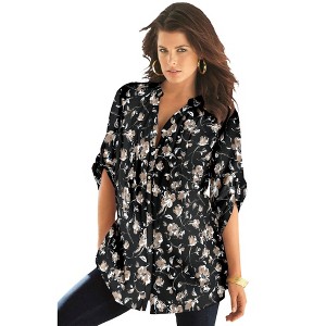 Roaman's Plus Size Floral Y-Neck Pintuck Tunic – Adjustable Long Sleeve Button-Front, Relaxed Shirt Style - 1 of 4