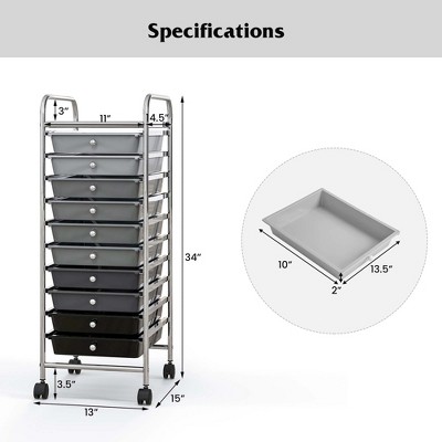 Black 10-Drawer Rolling Storage Cart with Chrome Frame