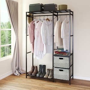 Acacia Wood Garment Racks with Shelves 2 Wicker Drawers and 4 Hooks Heavy Duty Closet Organizer for Hanging Clothes, Freestanding Closet Wardrobe Rack - 1 of 4