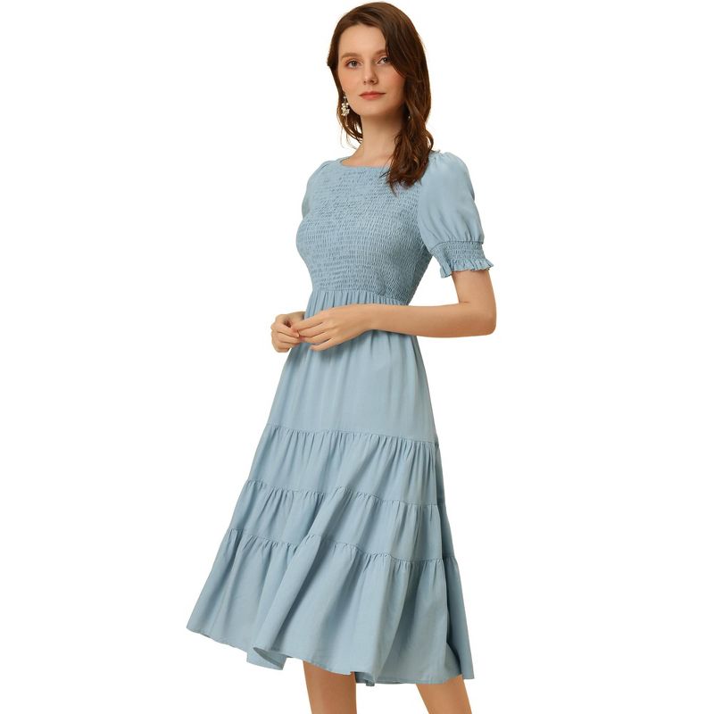 Allegra K Women's Summer Peasant Smocked Short Sleeve Midi Tiered A-Line Dress, 1 of 6