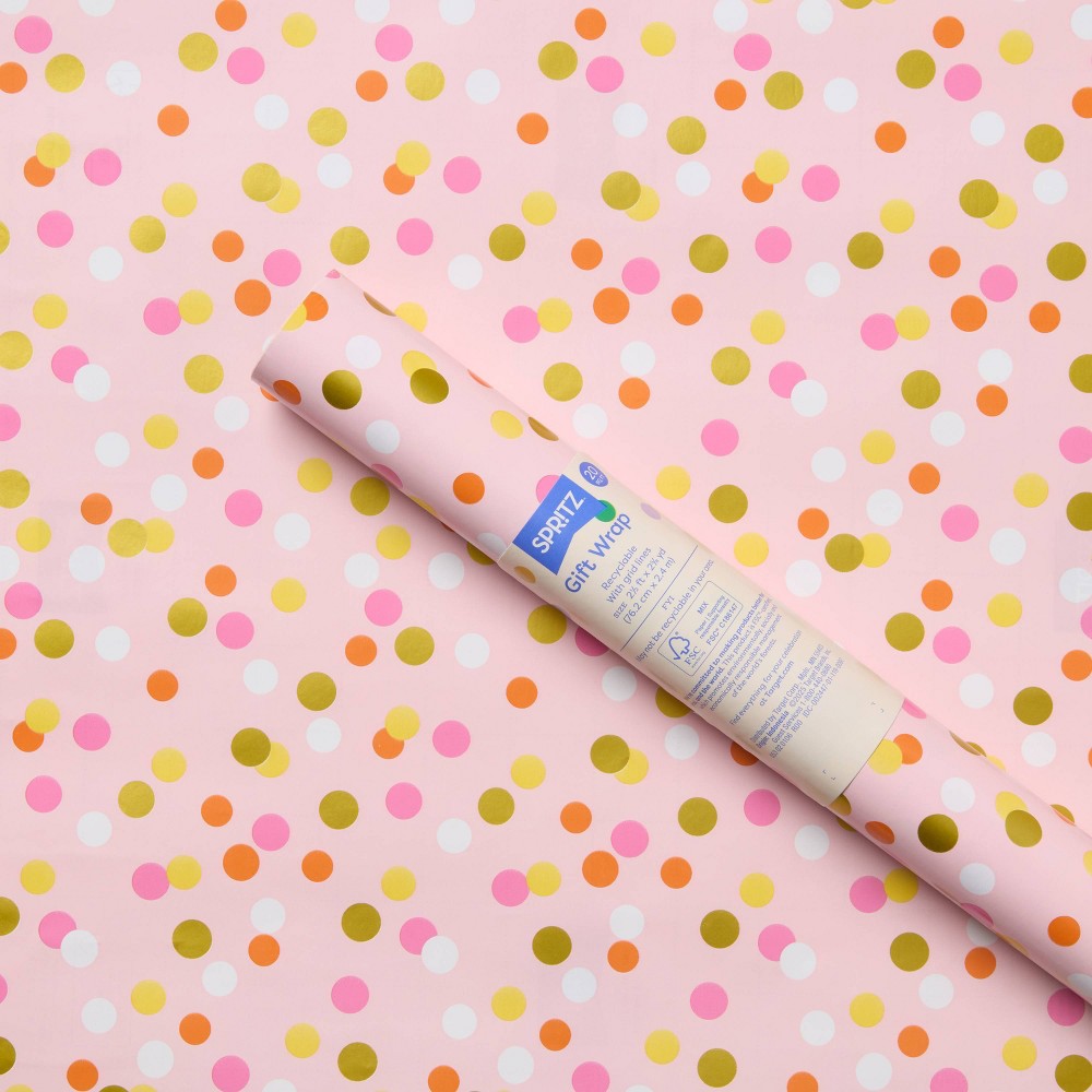 Foil Dot Wrapping Paper Pink - Spritz™: Multicolor Polka Dots, Classic Patterns, 94.5" x 30" Gift Wrap