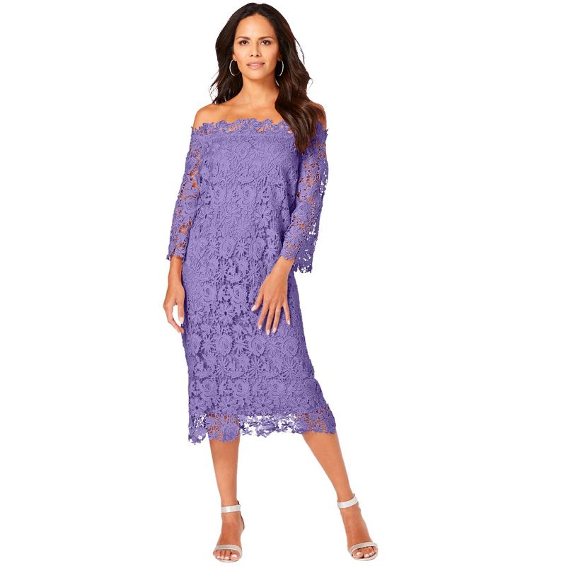 Roaman's Women's Plus Size Off-The-Shoulder Lace Dress, 1 of 2