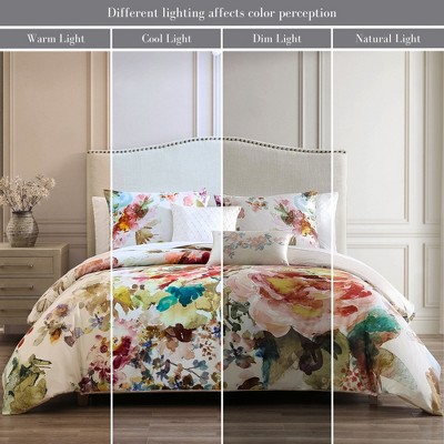Ivory Floral Cotton Sateen Reversible Queen Comforter Set