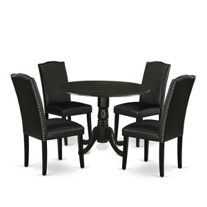 Round Kitchen Table Set 5pc 42" Table w/ Drop Leaves & 4 Parsons Chairs - Black PU Leather - 1 of 4