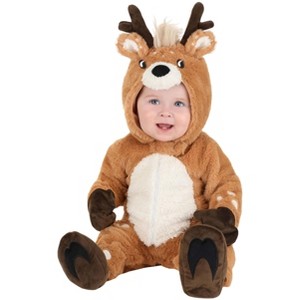 HalloweenCostumes.com Infant Little Baby Deer Costume, Cute Forest Animal Jumpsuit w/ Attached Hood, Mitts, & Shoe Covers - 1 of 3