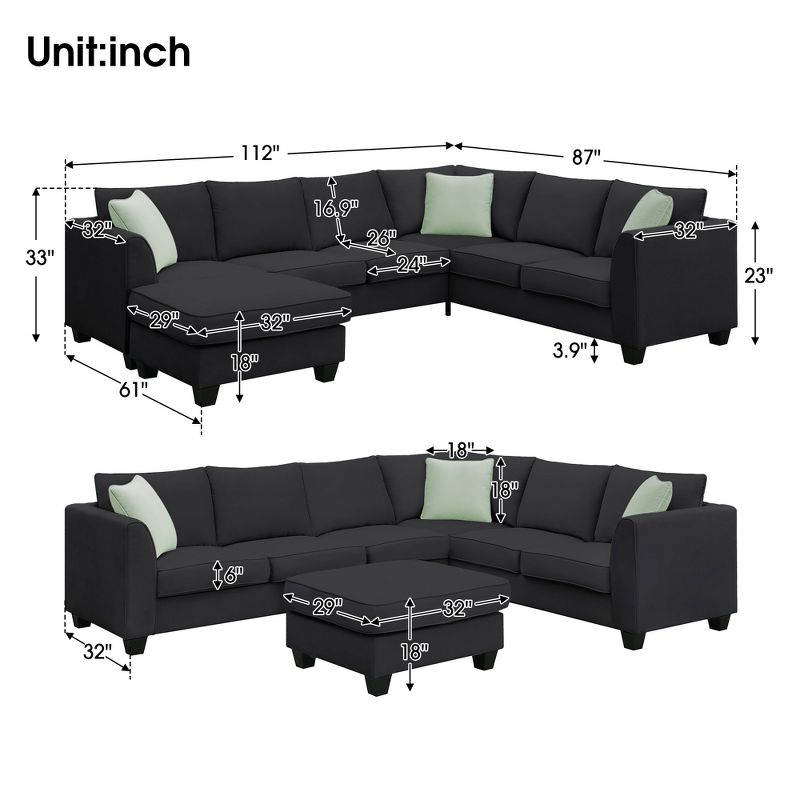 Modular Sectional Sofa 7 Seats with Ottoman L Shape Fabric Sofa Corner Couch Set with 3 Pillows RE-ModernLuxe, 3 of 13