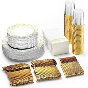 Chateau Fine Tableware 252-Piece White And Gold Plates, Napkins, Party Supplies, Dinnerware For Adults (36 Sets) - 1 of 4
