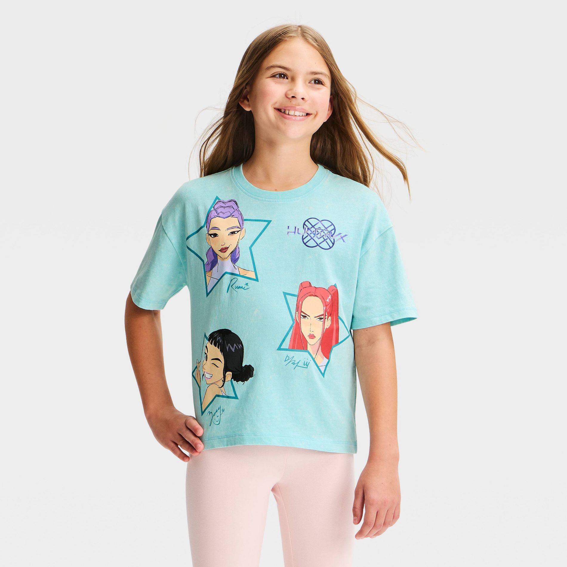 Girls' KPop Demon Hunters Huntrix Short Sleeve Washed Graphic T-Shirt - Turquoise Blue