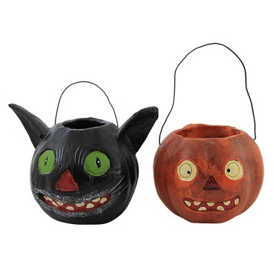 Halloween 3.25" Vintage Cat & Pumpkin Baskets Rustic Bucket  -  Decorative Figurines