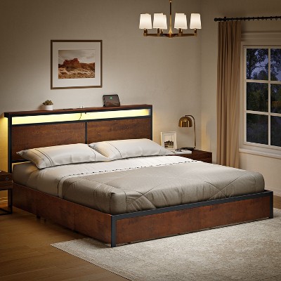 WOWLIVE Queen/Full/King Size Bed Frame with 4 Drawers, Modern bed with LED Light and Charging Station, Storage Headboard, HB00