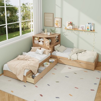 L-Shaped Combination Twin Size Bed Frame with Trundle & Drawer, 3-in-1 Low Corner Platform Bed Linked with Built-in Desk - ModernLuxe