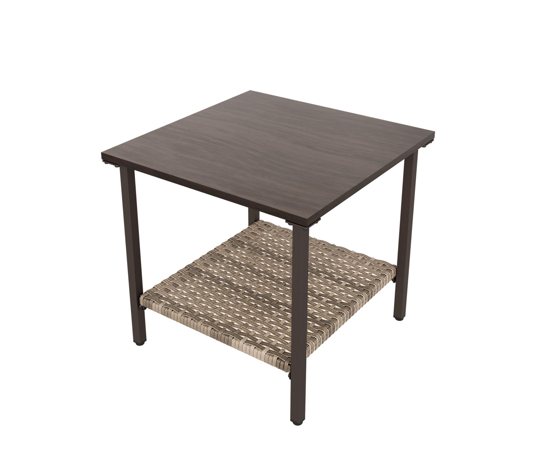 EAGLE PEAK Coastal Vista Outdoor Square Table with Wicker Shelf & Wood Grain Top for Garden, Patio, Poolside and Porch