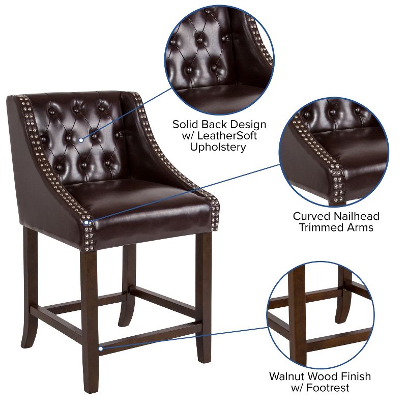 Flash Furniture Carmel Series 24" High Transitional Tufted Walnut Counter Height Stool with Accent Nail Trim, 4 of 12
