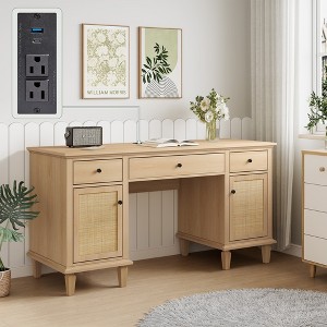 Brafabhome 58" Rattan Executive Desk with 7 Drawers, Modern Study Writing Table Computer Desks with Charging Station for Home Office Bedroom | Beige - 1 of 4