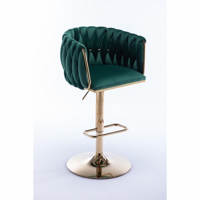 Gulches Green Velvet Gold Chrome Swivel Bar Stool Set of 2 Adjustable Height 25-33in with Footrest