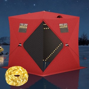 Portable Pop-Up Ice Fishing Tent, Fits 2-3 Person Ice Fishing Shelter, Insulated Hub Shelter with Anchors, Ropes, Light Strip & Carry Bag, Red+Black - 1 of 4