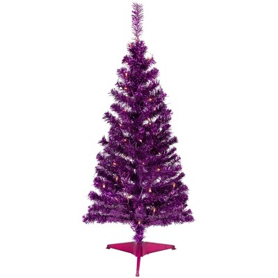 Northlight 4' Pre-Lit Purple Tinsel Artificial Christmas Tree- Clear Lights, Purple Wire