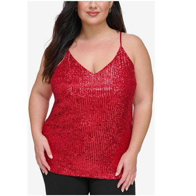 Calvin Klein Womens V Neck Sleeveless Sequin Cami Tank Top, Red, 2X