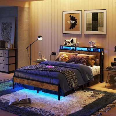 Bestier Queen Size LED Bed Frame with Headboard and Storage