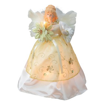 Kurt S. Adler 9.5" Ivory and Gold Angel with Poinsettia Christmas Tree Topper - Clear Lights