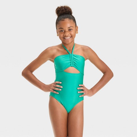 Art Class Girls' Shining Bright Solid One Piece Swimsuit - art class™ Green M: Halter Neck, UPF 50+ Protection