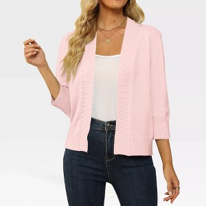 Women's Lightweight 3/4 Sleeve Cropped Cardigan Sweater Open Front Short Shrugs,Pink - M - 1 of 4