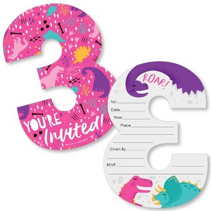 Big Dot of Happiness 3rd Birthday Roar Dinosaur Girl - Shaped Fill-In Three Rex Dino Third Birthday Party Invitation Cards with Envelopes - 12 Ct - 1 of 4