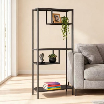 Homy Casa Modern Geometric Metal Shelving Unit with Asymmetrical Shelves, Black