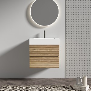 FAMYYT 24 in. Single Sink Floating Rough Oak Bath Vanity with White Engineered Quartz Composite Top, 2 Soft Drawers - 1 of 4