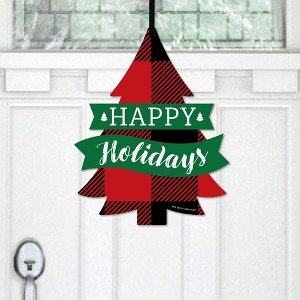 Big Dot of Happiness Holiday Plaid Trees - Hanging Porch Buffalo Plaid Christmas Party Outdoor Decorations - Front Door Decor - 1 Piece Sign - 1 of 4