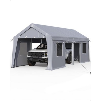 13'x25'x11' heavy-duty carport canopy with roll-up sidewalls and ventilated windows; portable garage cover for vehicles and outdoor equipment. Gray.