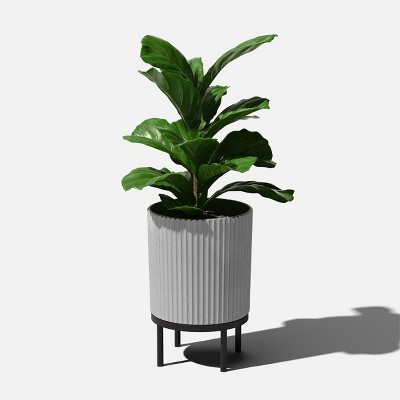 Gray and Black Fluted Planter with Acacia Wood Stand